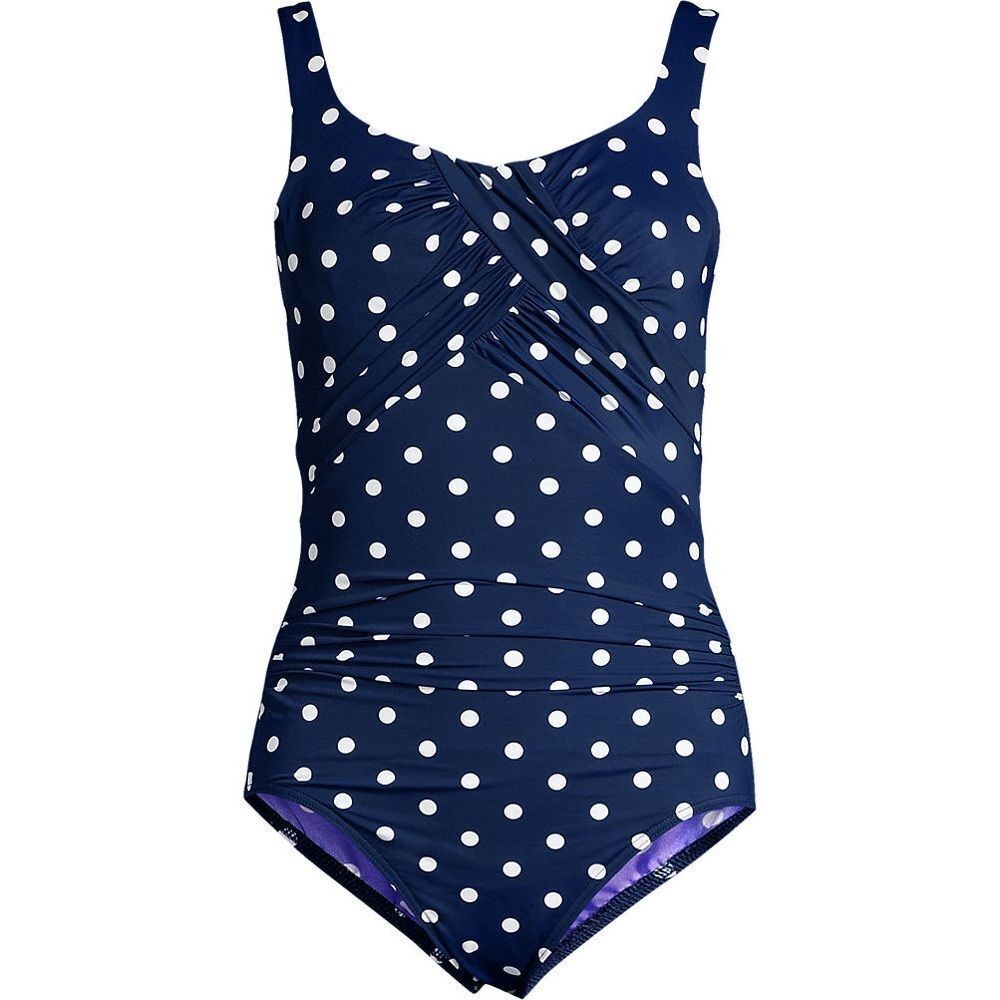 Land's End slender Carmela underwire one piece swimsuit Deep navy polkadot 12D